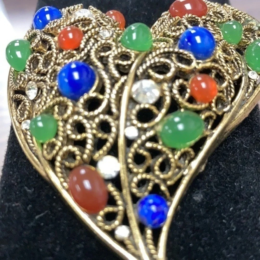 Heart statement pin in antique gold tone with colored faux stones & crystals